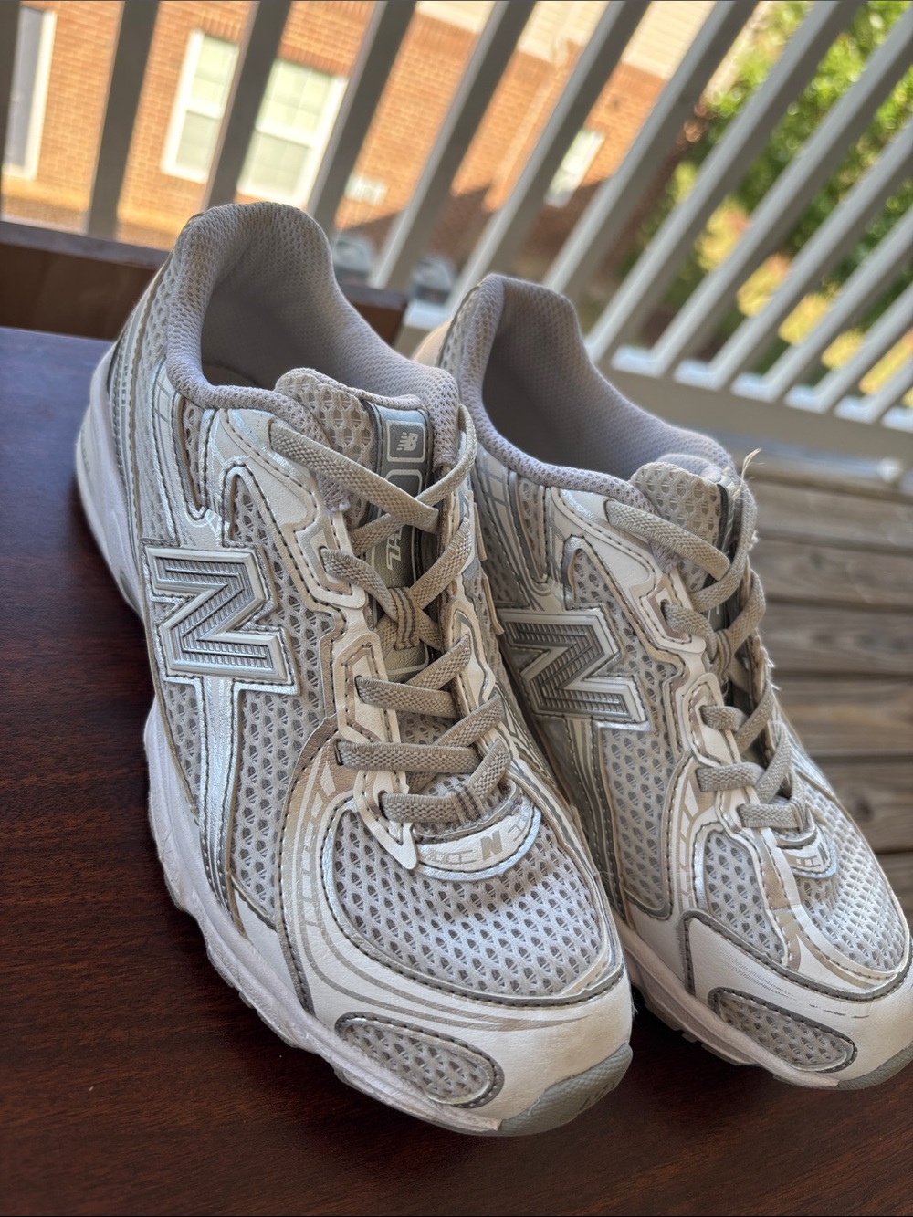 New Balance Kids  White and Taupe Athletic Running Shoes
